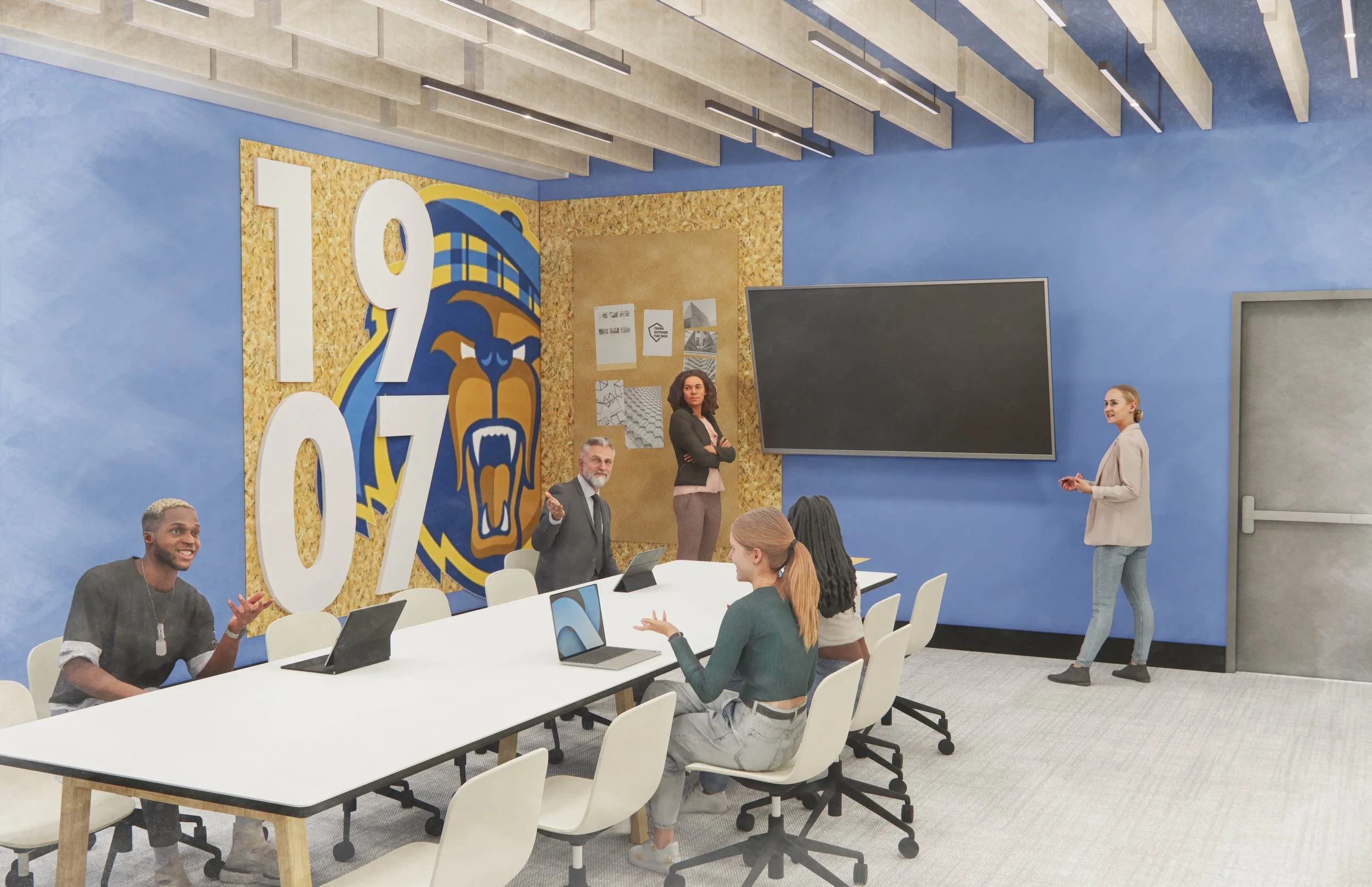 A diverse group of five people in a modern conference room with a large