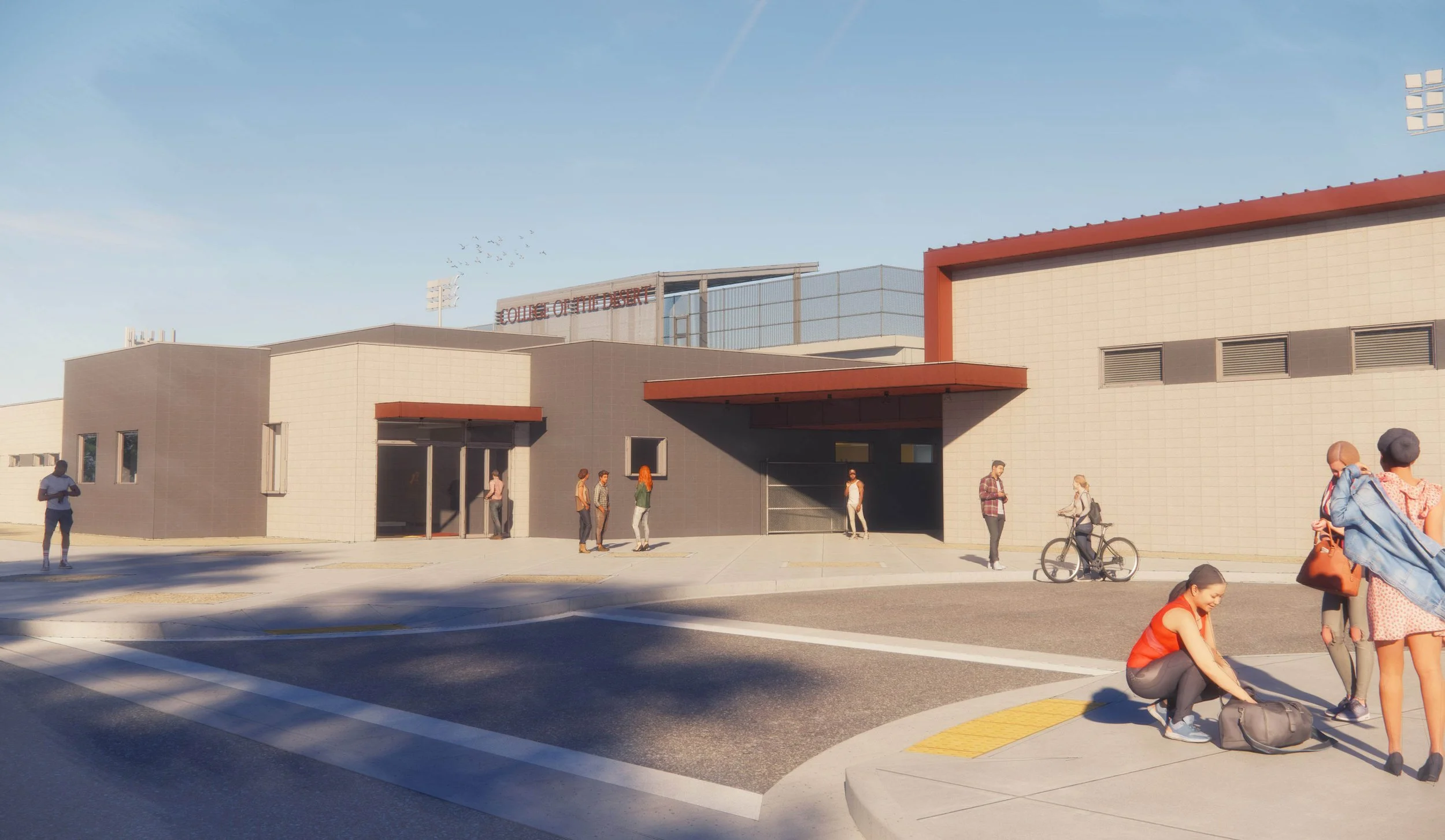 Exterior scene of a modern college campus with people walking, cycling, and standing near the entrance of the College of the Desert. Clear sky and shadows indicating sunlight.