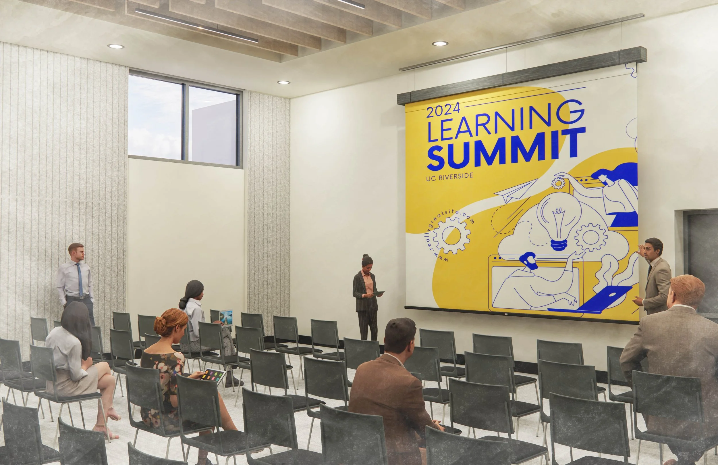 A conference room with several attendees seated and a speaker standing at a podium. A large yellow and blue banner on the wall reads 2024 Learning Summit, UC Riverside. The room has high ceilings with recessed lighting and large windows letting in natural light.