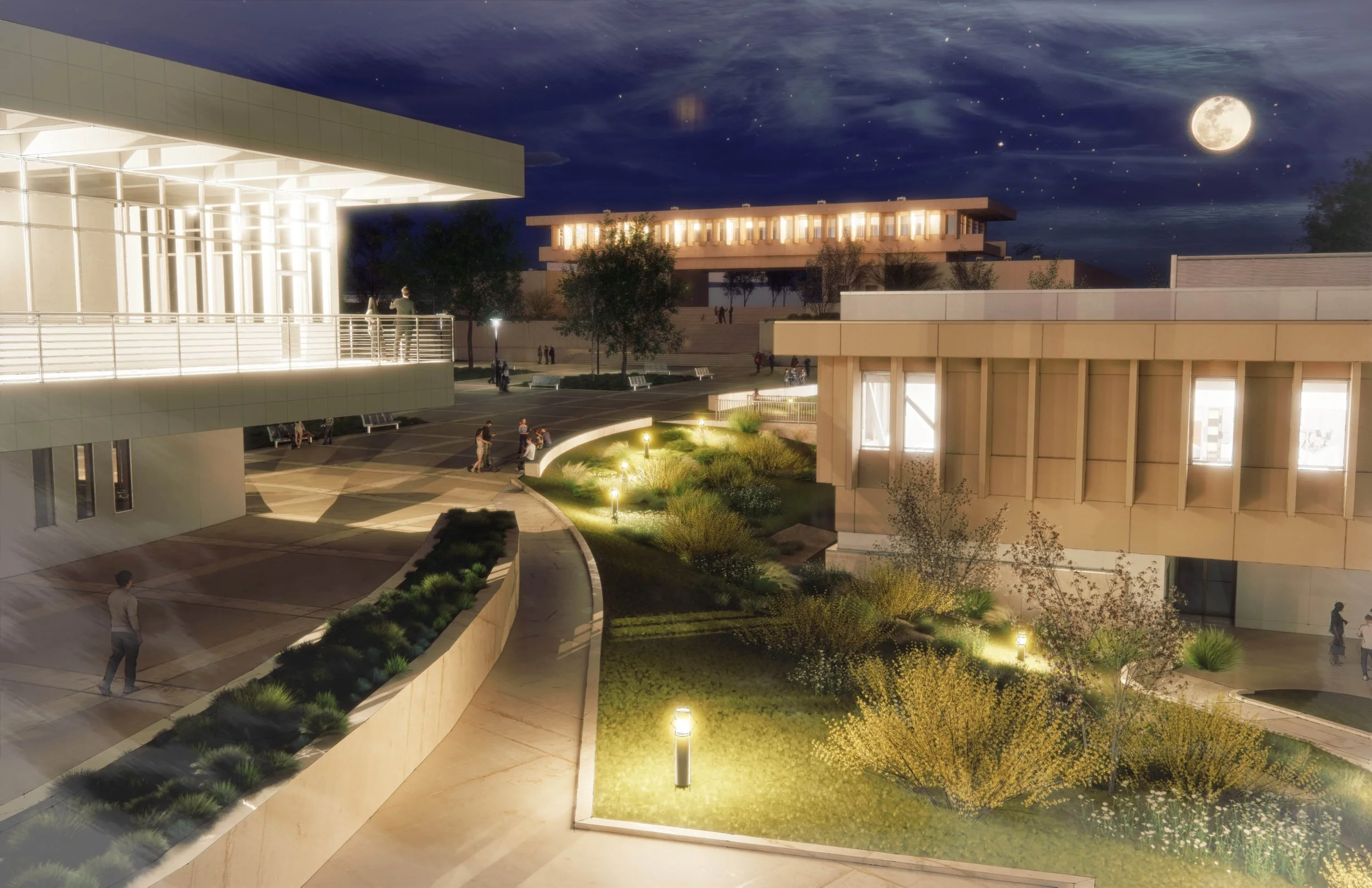 Nighttime scene of a modern outdoor plaza with illuminated pathways and landscaping, under a full moon in the sky.
