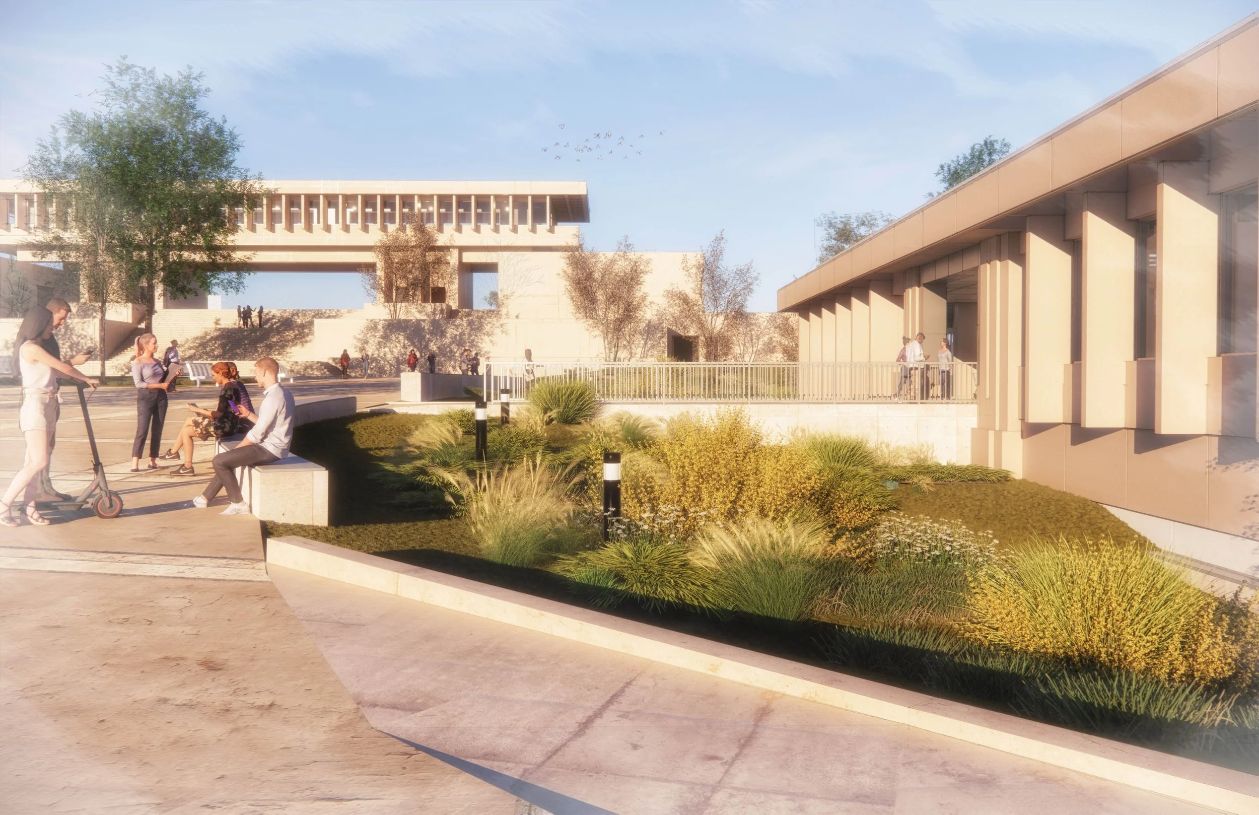 Rendering of a modern urban public space with people sitting and walking, surrounded by landscaped greenery and architectural buildings, under a clear blue sky.