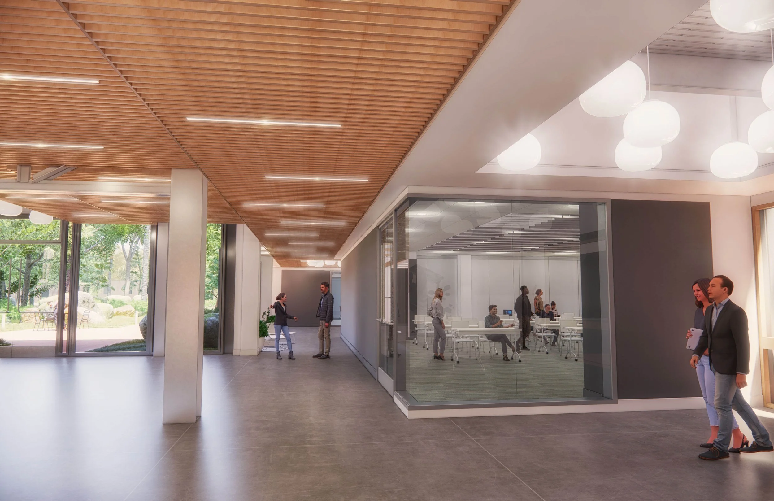 Modern office lobby with large glass conference room, people walking and chatting, natural light, and wooden ceiling panels.