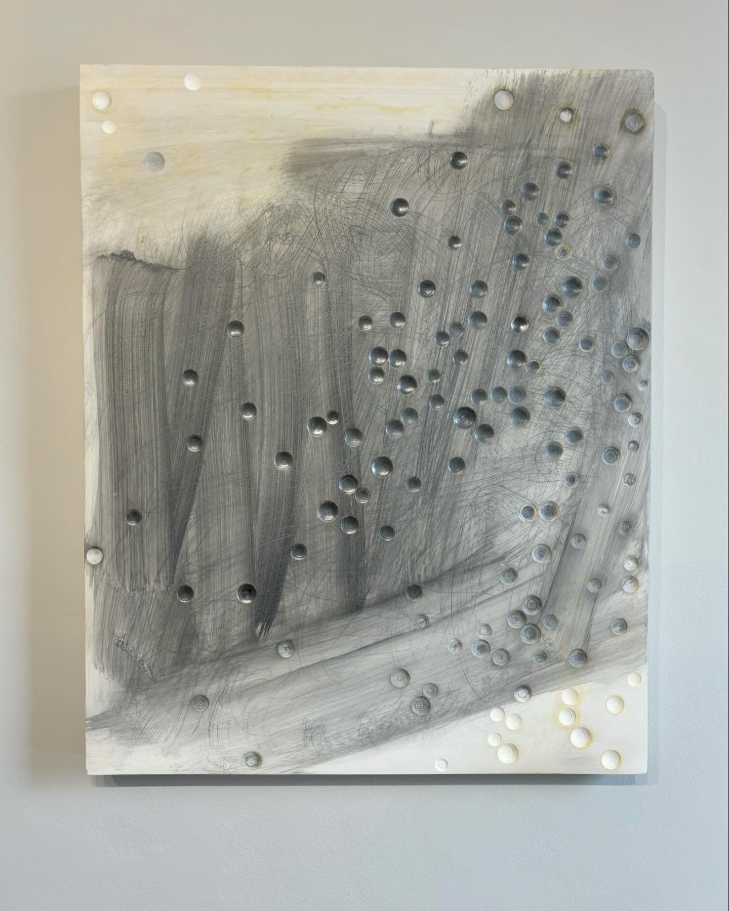 &lsquo;Sudden 2&rsquo;, 2024 by Andrew Rogers. Gesso and graphite on board, 41 x 51cm. Exhibition is open every Thurs, Fri &amp; Sat 11-3 until 8 June #minimalart #primalart #gessoart #markmaking #raindrops #affordableart #contemporaryart #minimalism