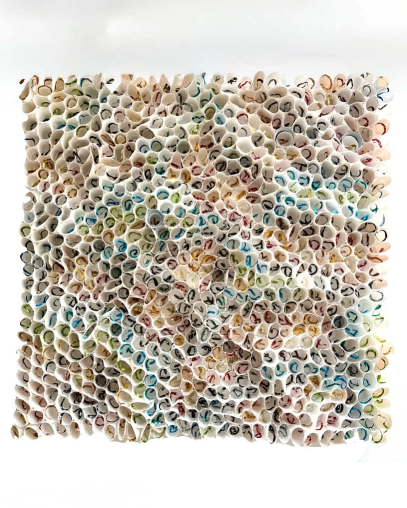 Metatendrils
2026 | 100&times;100cm
100% waste: drinking‑yoghurt plastic pots + coffee pods

A work from my Metafauna series, created to explore how we might empathise with a habitat we were never meant to inhabit. By shaping a marine scene from fami
