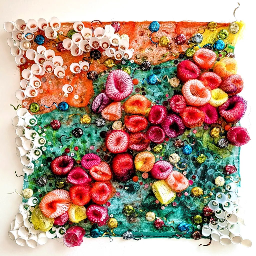 I am always drawn to the tension between softness and structure.
This work is built from layered textures and vibrant organic forms, creating a surface that feels almost underwater &mdash; or maybe like a living ecosystem in motion. That balance betw