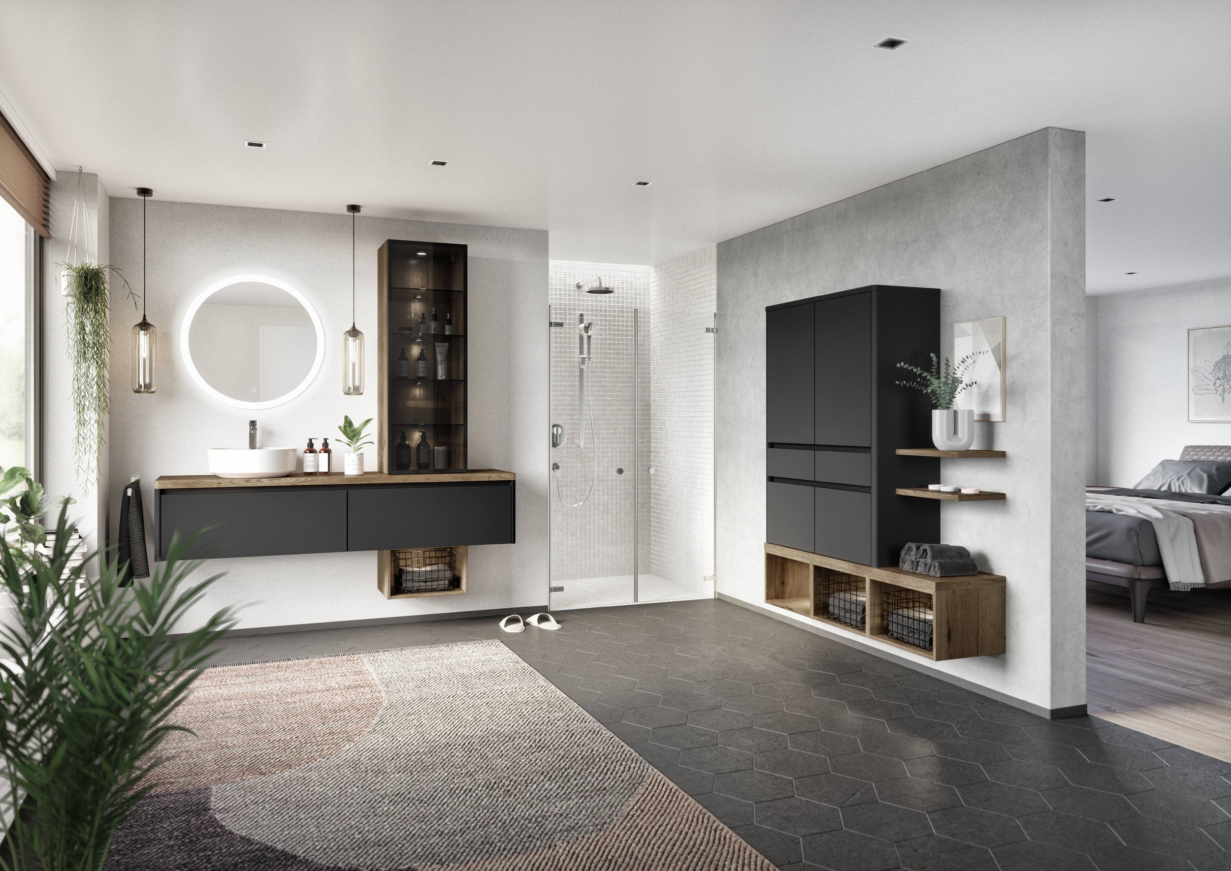 Waschtisch im Geo 1 Bad Set – Weiße Keramik mit rechteckigem Becken, kombiniert mit einer eleganten Holzoptik-Oberfläche