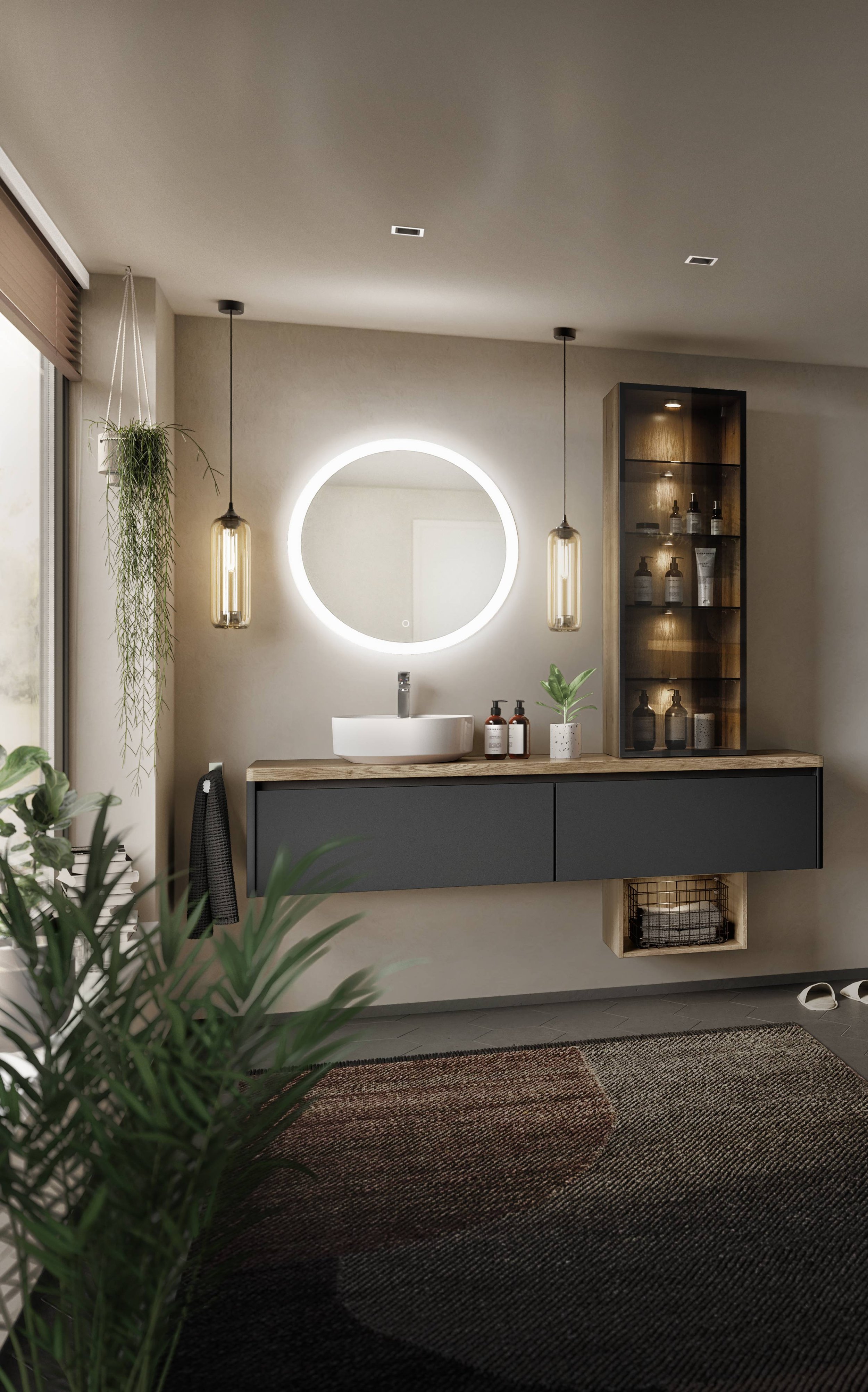 Schubladen im Geo 1 Bad Set – Geräumige Soft-Close-Schubladen in moderner Holzoptik mit Anti-Fingerprint-Beschichtung
