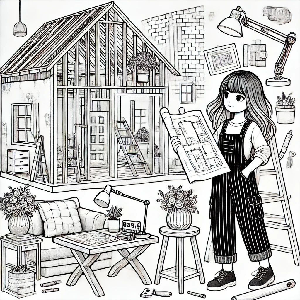 Beispielseite: Ausmalbild eines kreativen Arbeitszimmers aus dem Malbuch '50 Interior Design Ausmalbilder