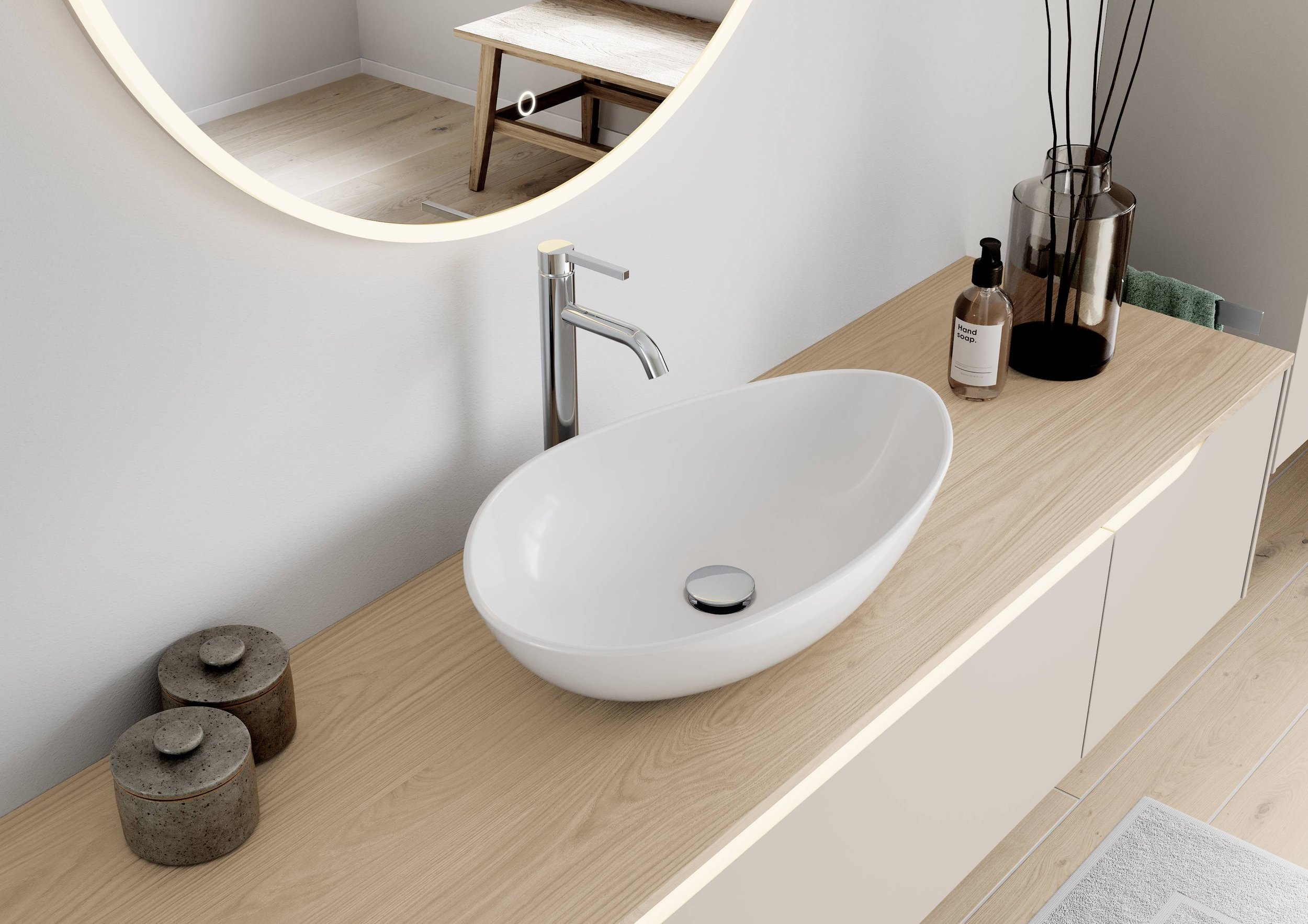 Eleganter Waschtisch des Geo 3 Bad Sets, Keramik in Weiß Hochglanz, ovale Form, Maße 615 x 345 mm