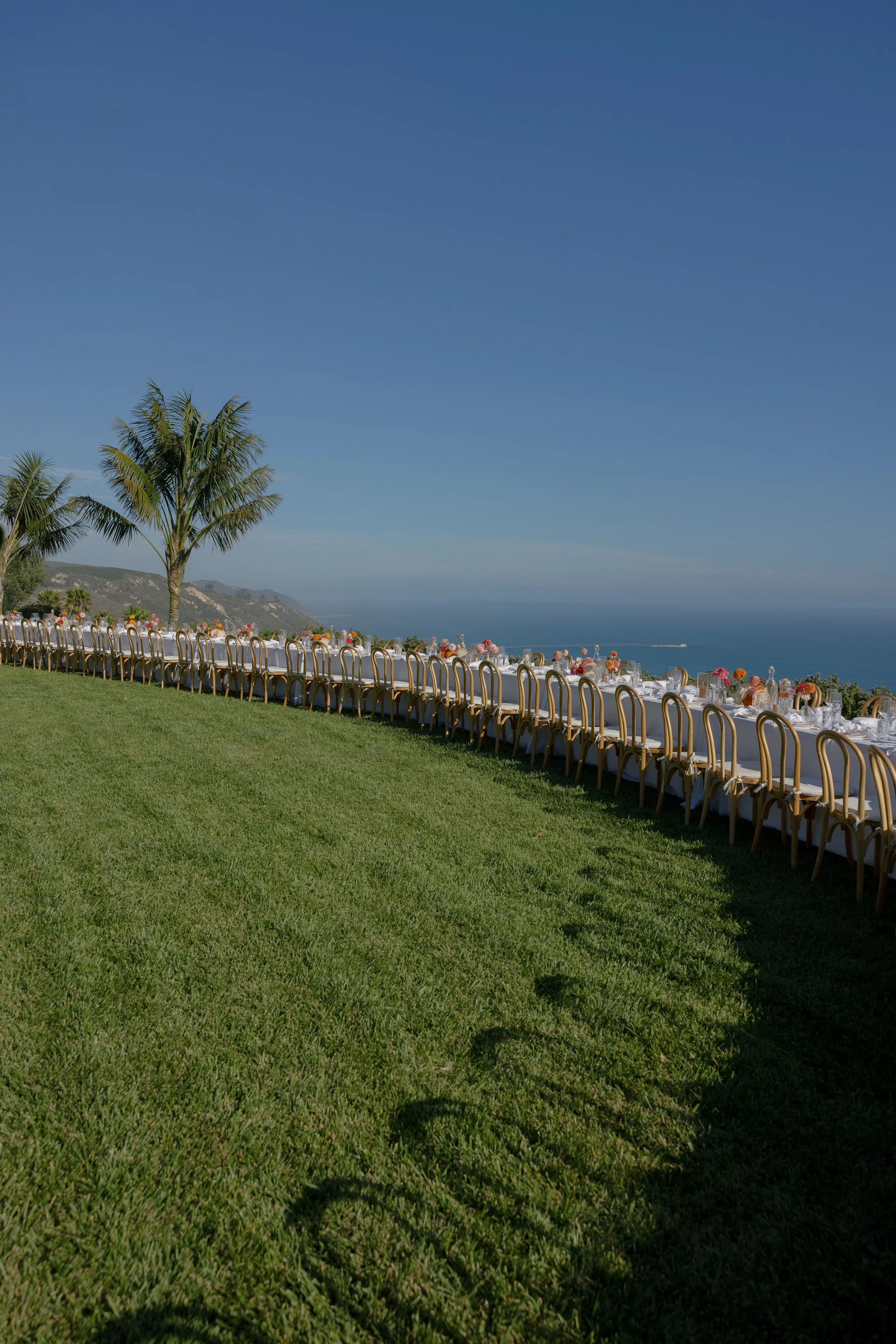 Outdoor banquet setup with long table covered with white tablecloth and floral centerpieces, surrounded by gold chairs, set on a lush green lawn with palm trees, overlooking the ocean under a clear blue sky.