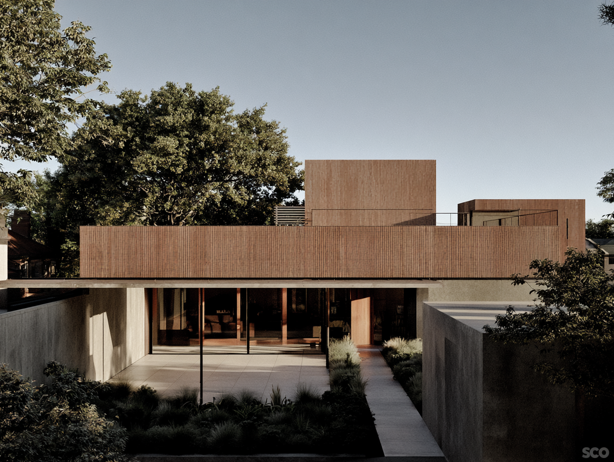 Modern house with wooden exterior, large glass front doors, surrounded by trees, concrete pathway, and landscaped garden.