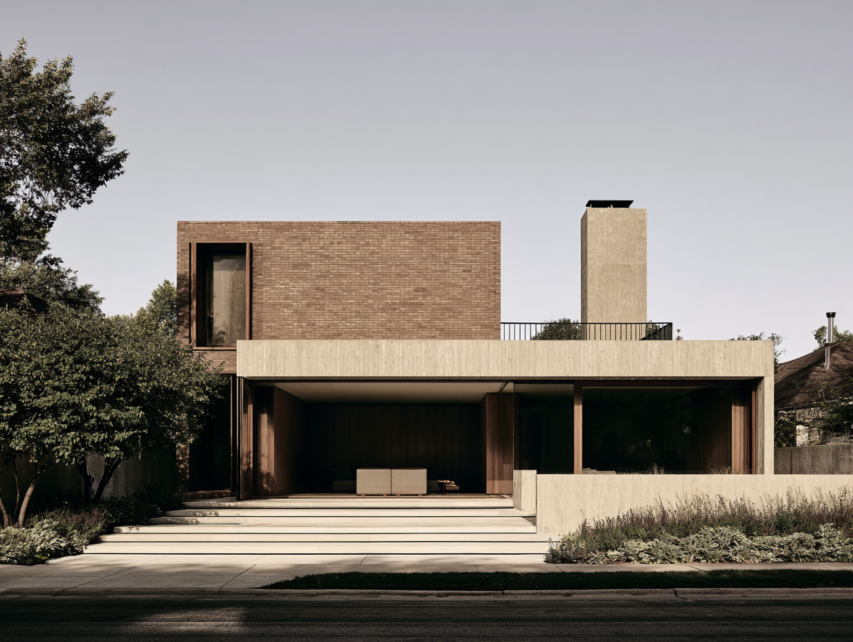 Modern house with a flat roof, brick and concrete exterior, surrounded by trees and a garden, with steps leading to the front entrance.