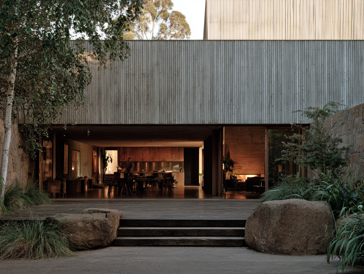 A modern house with a large open entrance, surrounded by greenery and rocks, with visible interior lighting and furniture, illuminated at sunset.