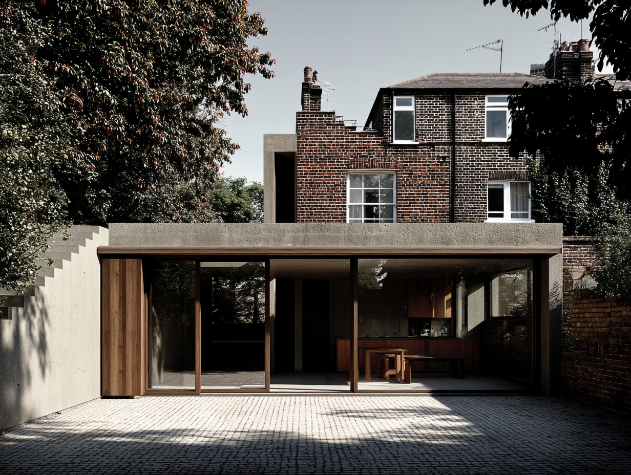 Modern house with a concrete roof and glass sliding doors, adjacent to an older brick building with multiple windows.