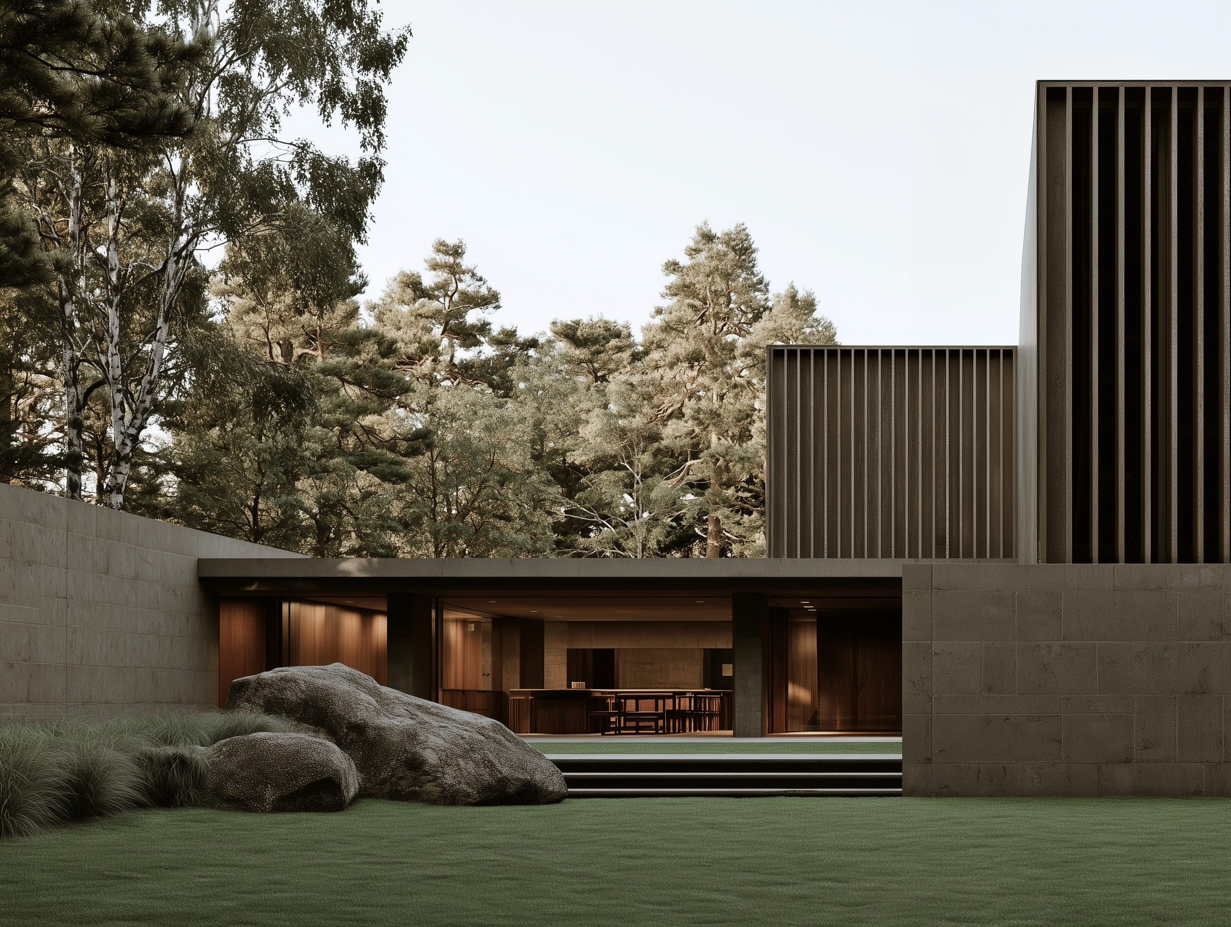 Modern building with stone and wood exterior, surrounded by rocks, greenery, and trees, viewed from a yard with grass.