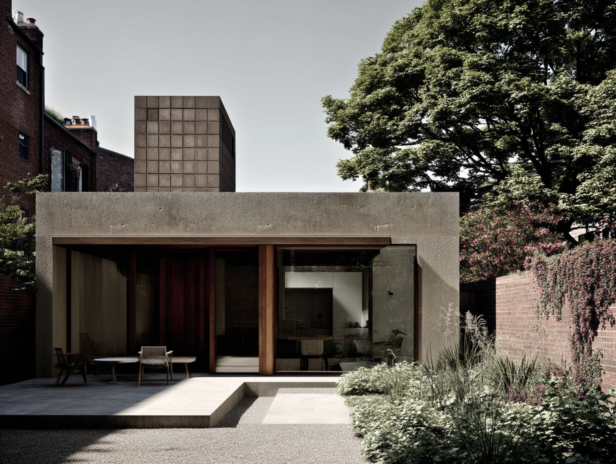 Modern house with large glass windows, surrounded by greenery and trees, with outdoor seating area.