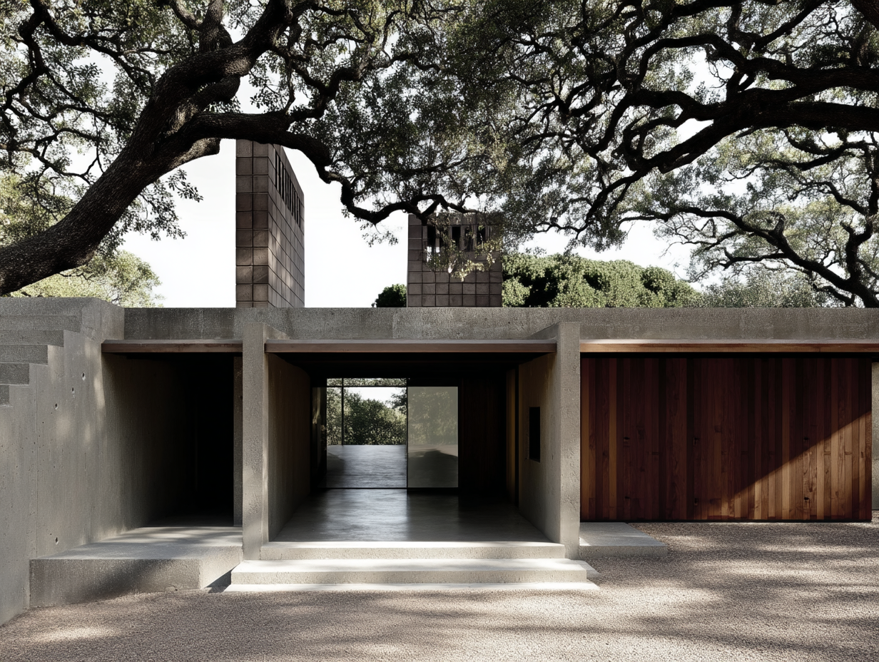 Modern house with concrete walls, wooden garage door, glass door entrance, stairs, and large trees overhead