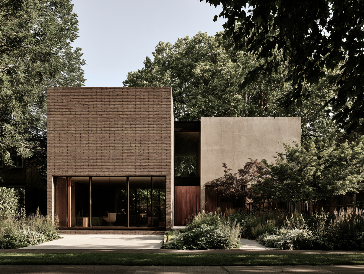 Modern house with in a landscaped yard, featuring a large glass window, brown brick, and a concrete wall.