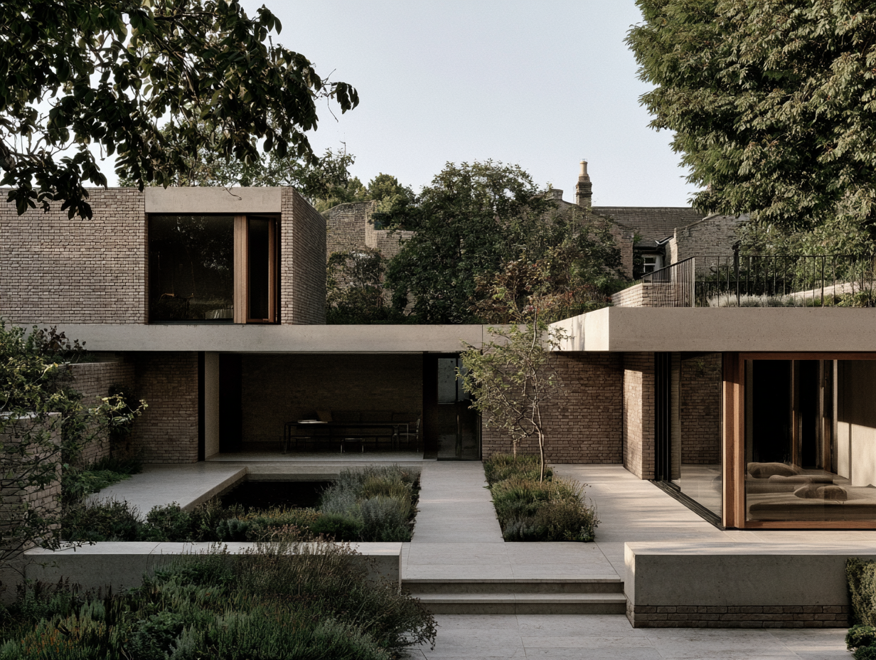 Modern residential house with brick and glass exterior, surrounded by greenery and trees.