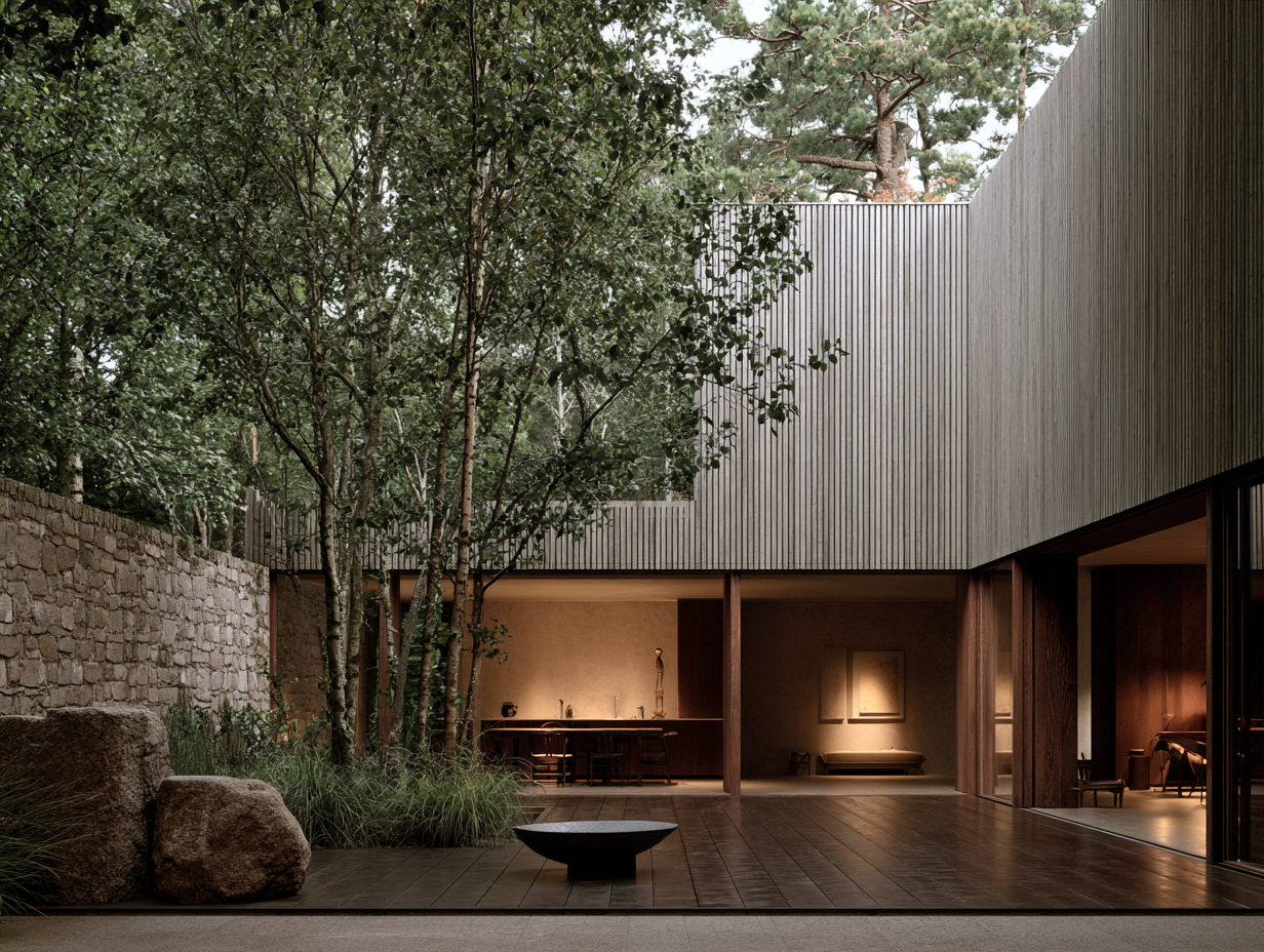 Modern house with wooden exterior, open patio with seating area, trees, and stone wall in a natural setting.