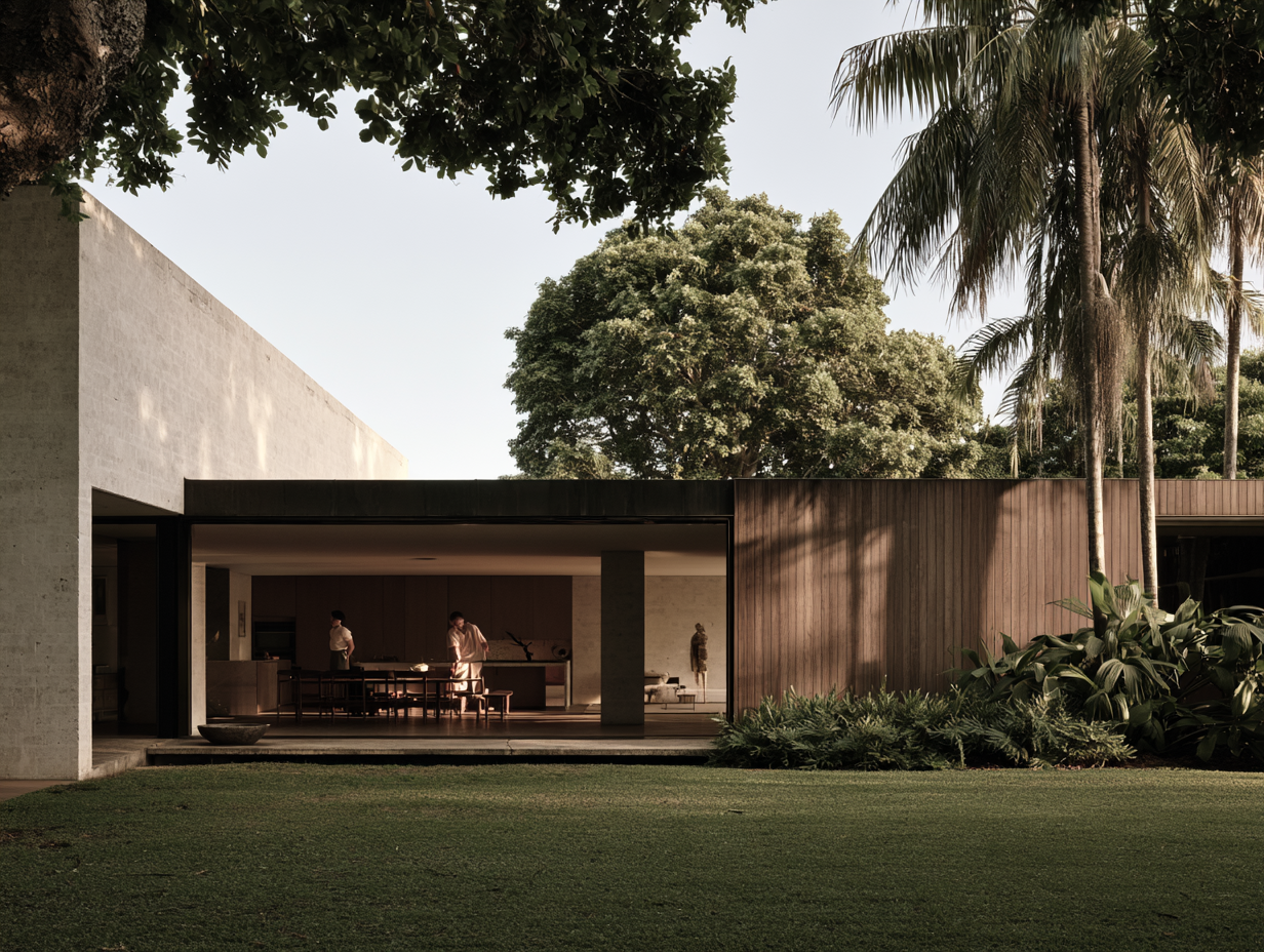 Modern house with open living area, visible through large glass window, surrounded by lush greenery and tall trees.