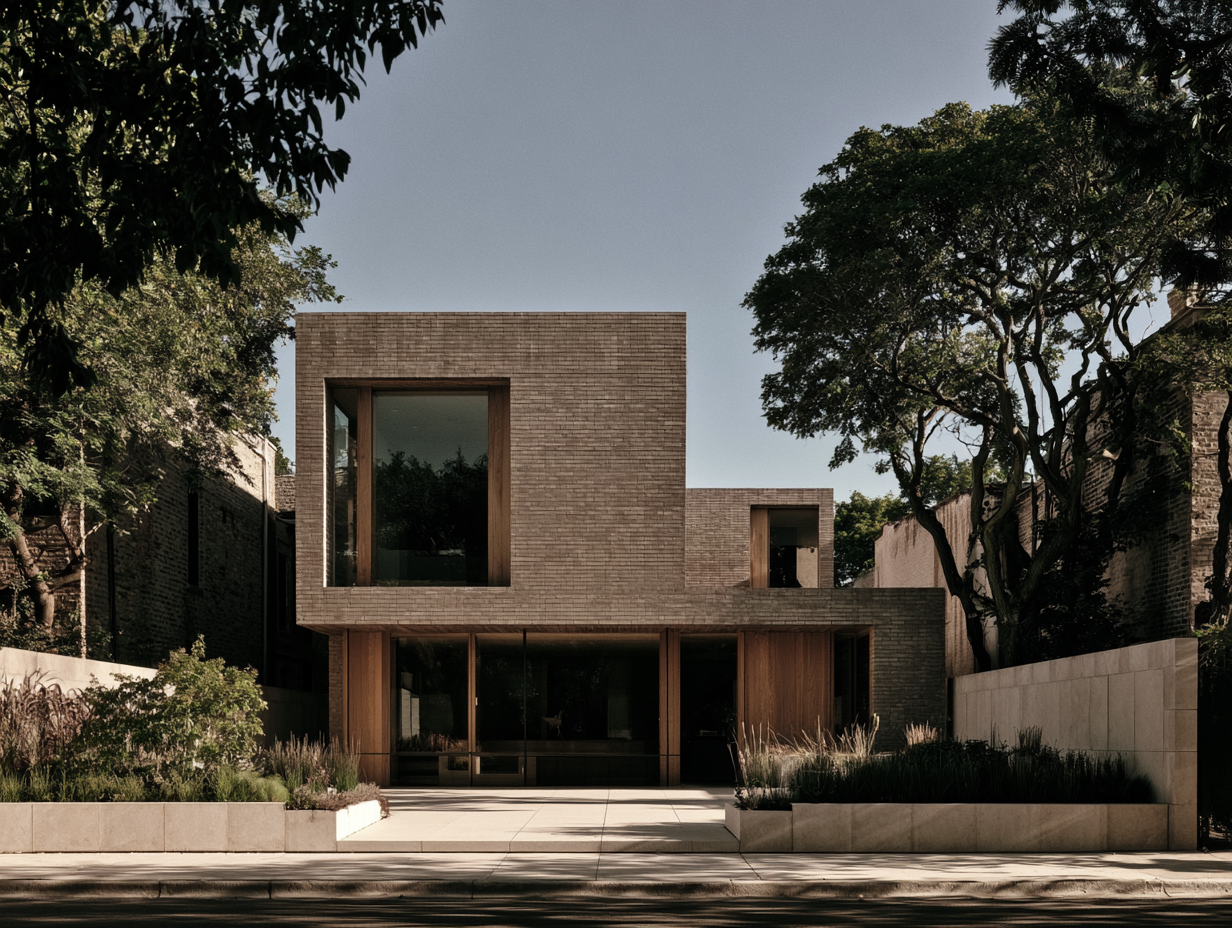 Modern two-story house with brick and wood exterior, large front windows, surrounded by trees and landscaped yard.