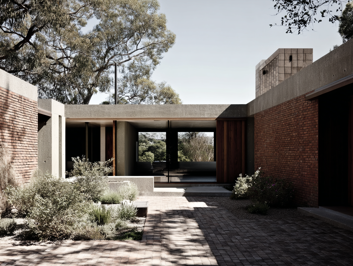 Modern residential building with brick and concrete exterior, large glass sliding door, landscaped pathway, and surrounding trees and bushes.