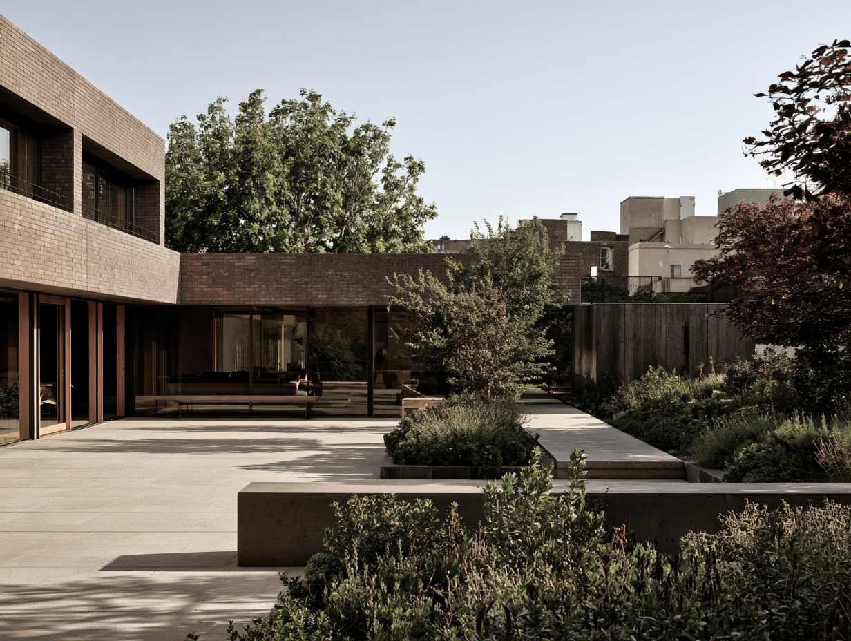 Modern building with large glass windows, surrounded by greenery, trees, and shrubs, on a sunny day.
