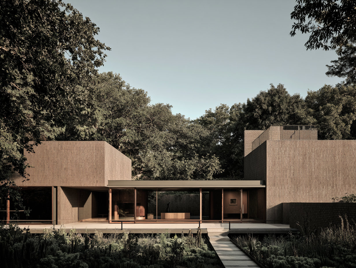 Modern house with rectangular concrete walls, large glass windows, and a wooden porch, surrounded by trees and plants.