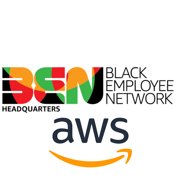Logo of the Black Employee Network headquarters with the word 'BREN' in black, yellow, red, and green letters, an 'HEADQUARTERS' label, and the AWS cloud logo with a curved arrow.