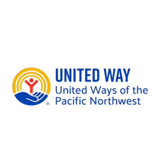 United Way of the Pacific Northwest logo featuring a stylized red figure with arms raised inside concentric yellow circles being held by a blue hand.
