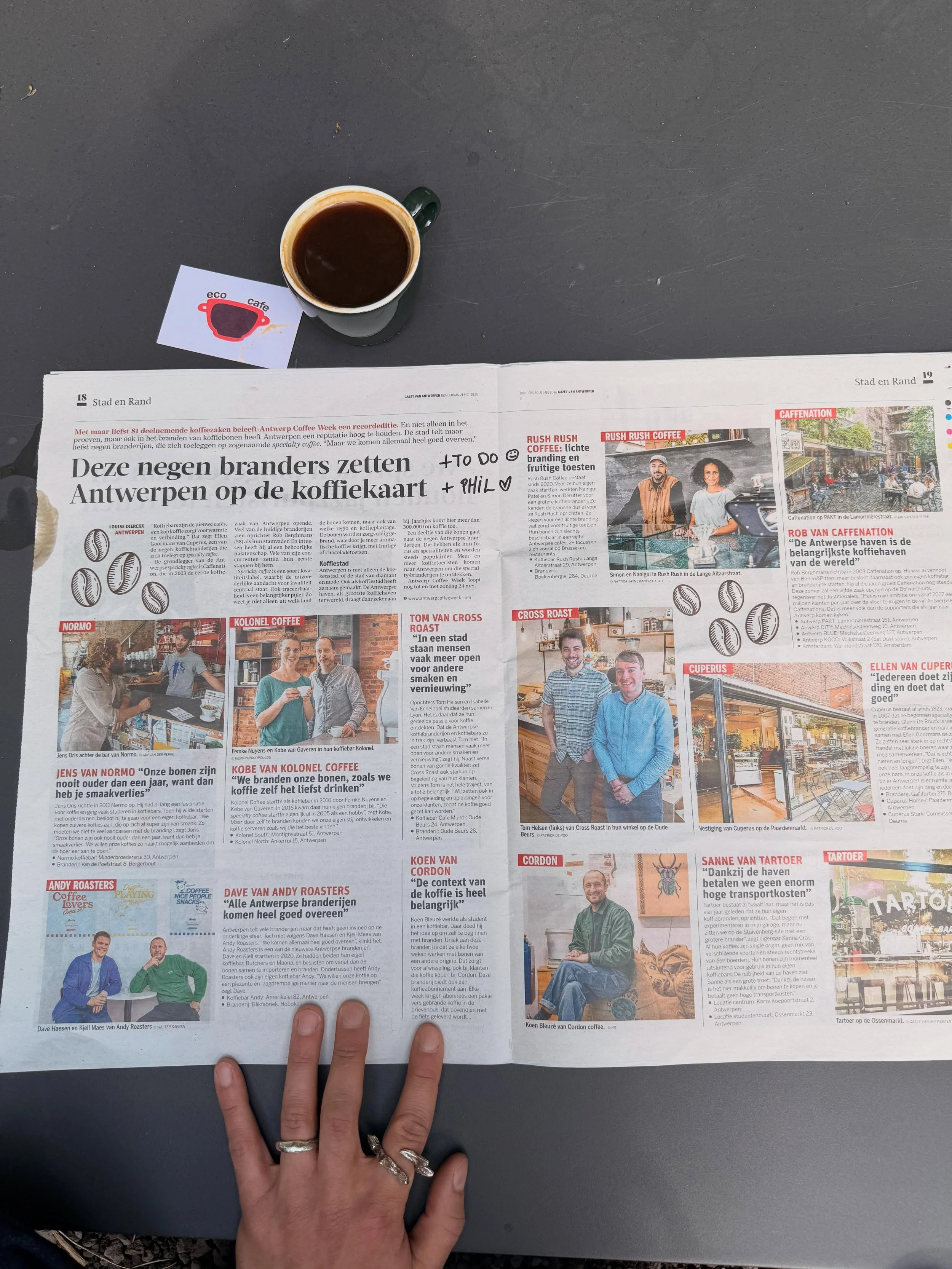 ANTWERP&rsquo;S FINEST SPECIALTY ROASTERS IN THE NEWSPAPER AND TONIGHT ON OUR TASTING!

* register link in bio 
* food and drinks by @ecocafe.borgerhout 
* competition with @coffeecommunity.be 
* tasting : @andyroasters @kolonelcoffeeroasters @tartoe