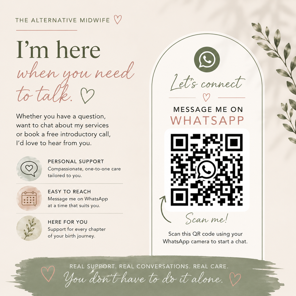 WhatsApp contact graphic for The Alternative Midwife inviting women to connect with Gemma Clifford for personalised birth support and guidance.