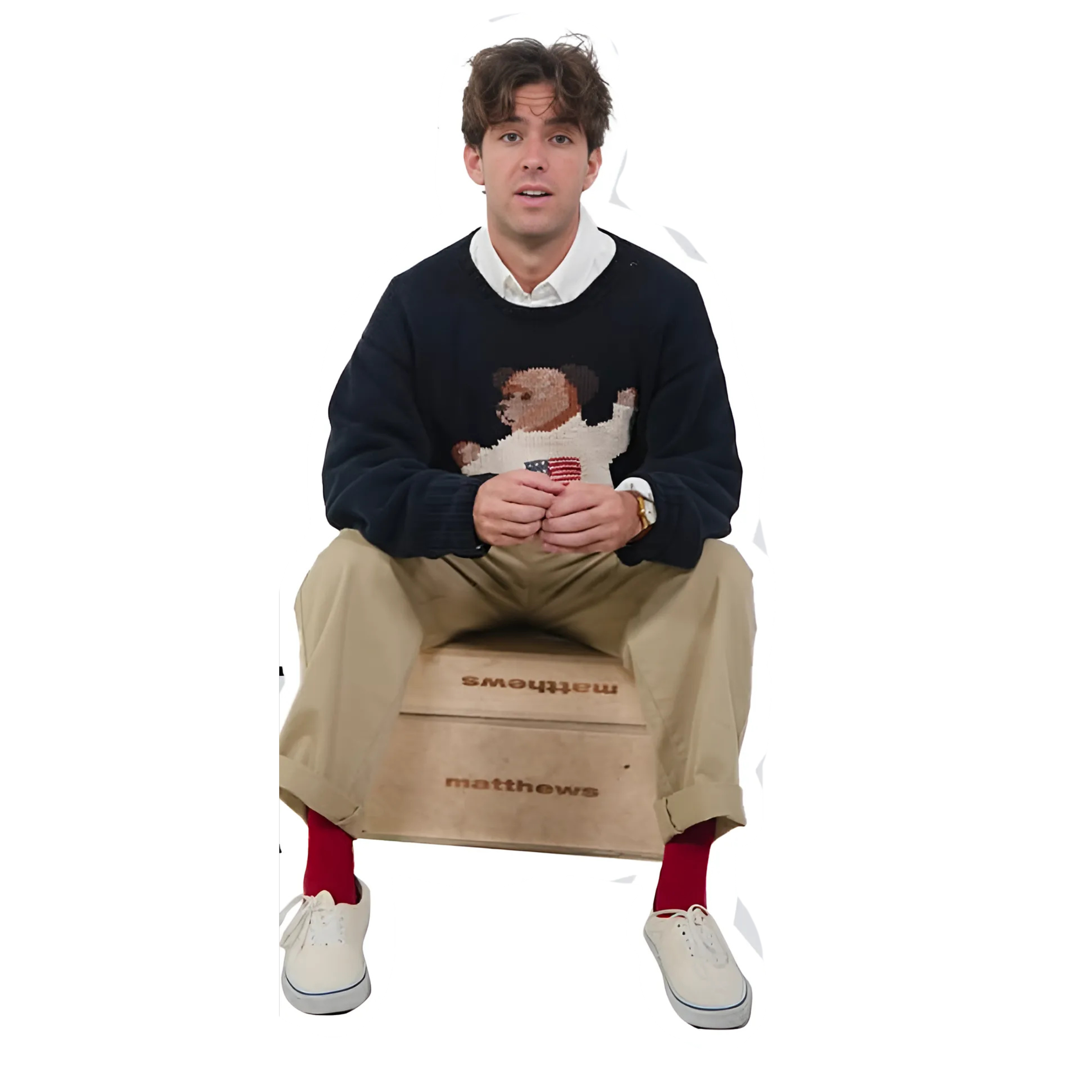 A young man with brown hair sitting on a wooden box, wearing a navy sweater with a puppy holding an American flag, beige pants, red socks, and white sneakers, with a neutral background.
