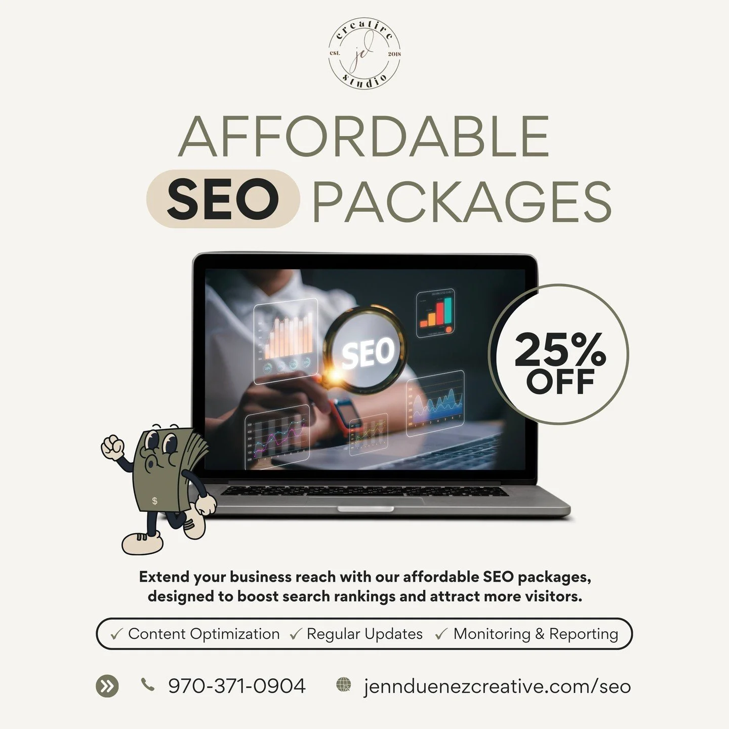 Introducing the newest service of Jenn Duenez Creative! 
AFFORDABLE SEO PACKAGES! 📦 💻