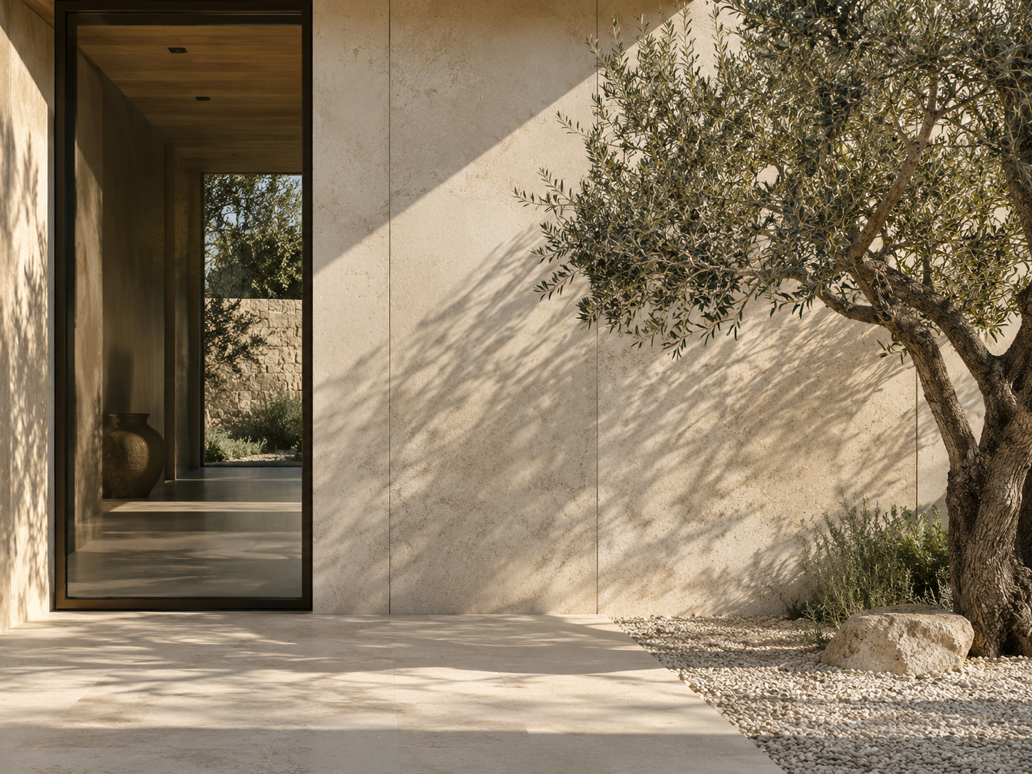 Minimalist exterior with a large glass door, textured beige wall, olive tree casting shadows on the wall, small rocks and plants at the base of the tree.