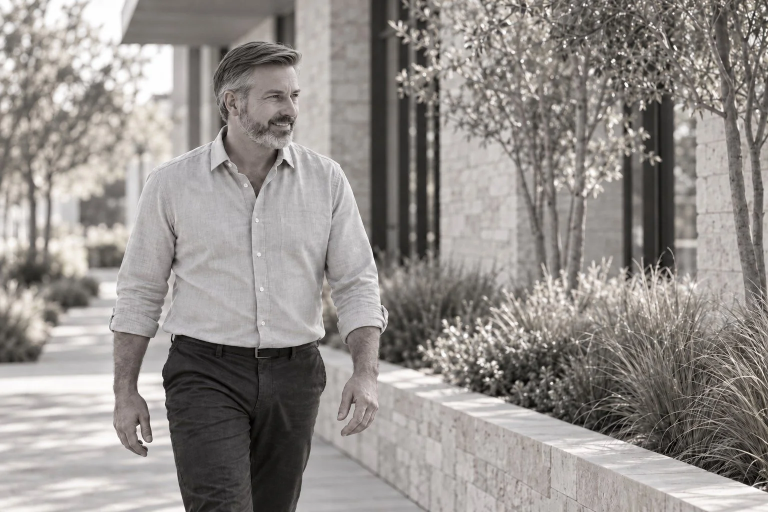A man with gray hair and a beard walking outdoors on a sidewalk beside a brick building with plants and trees.