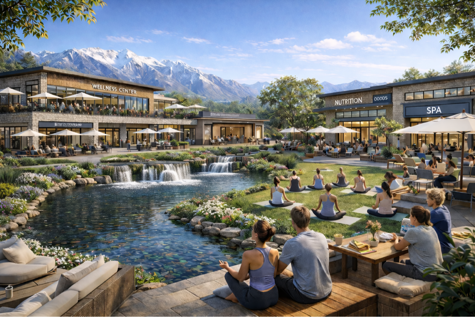 A wellness center with outdoor cafes, a water feature, and a yoga class in progress, surrounded by mountains.