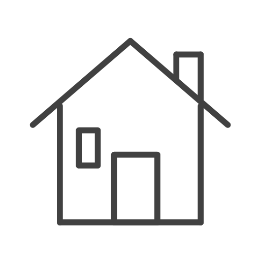 Outline drawing of a house with a chimney, door, and window.