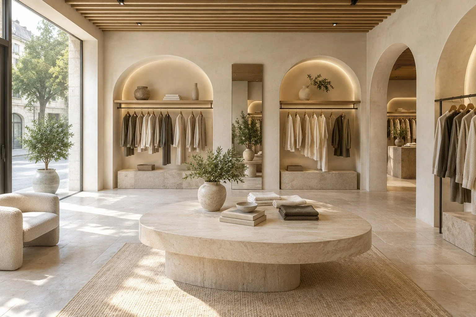 Boutique interior concept with arched displays, warm stone finishes, timber ceiling slats, and natural light.