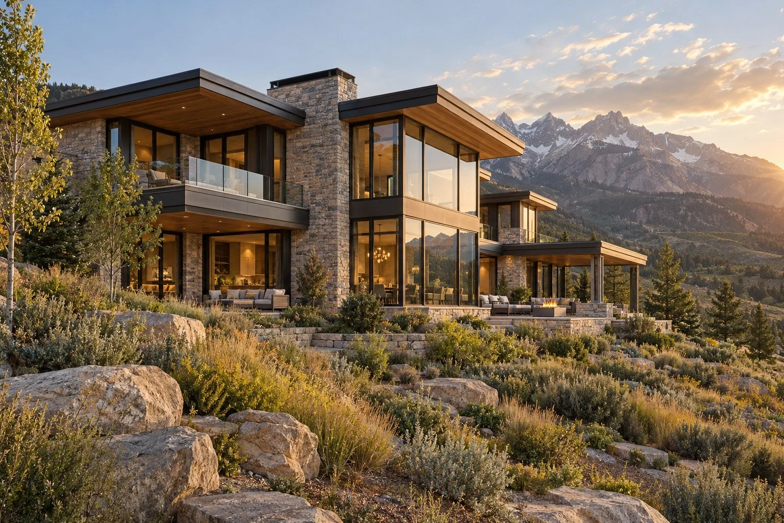 Mountain home concept with stone walls, timber overhangs, large windows, and terraces overlooking a rocky landscape.