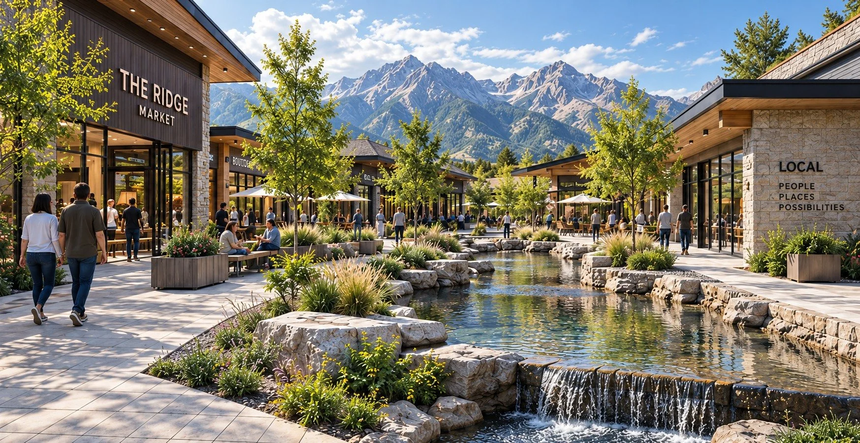 Concept rendering of a pedestrian retail destination with mountain views, landscaped gathering spaces, and a central water feature.