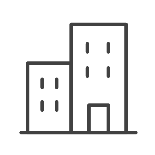 Simple black and white icon of two buildings, one shorter and one taller, with windows and a door.