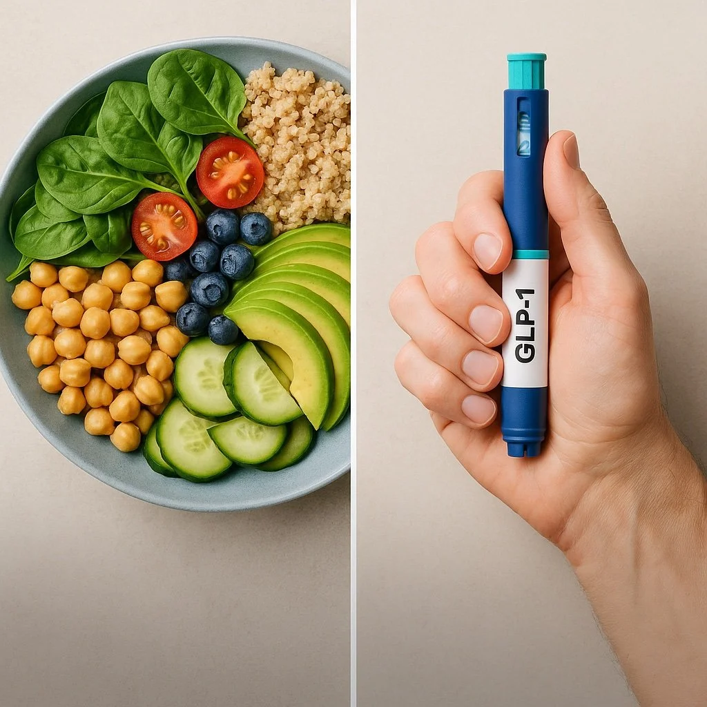 Split image showing a bowl of plant-based foods and a hand holding a glucose meter, representing how RLMI’s 15-Day Jumpstart program complements or reduces the need for GLP-1 therapy for diabetes and weight management.