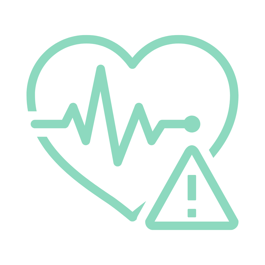 Outline of a heart with a heartbeat line inside, and a warning triangle with an exclamation mark in front of the heart.