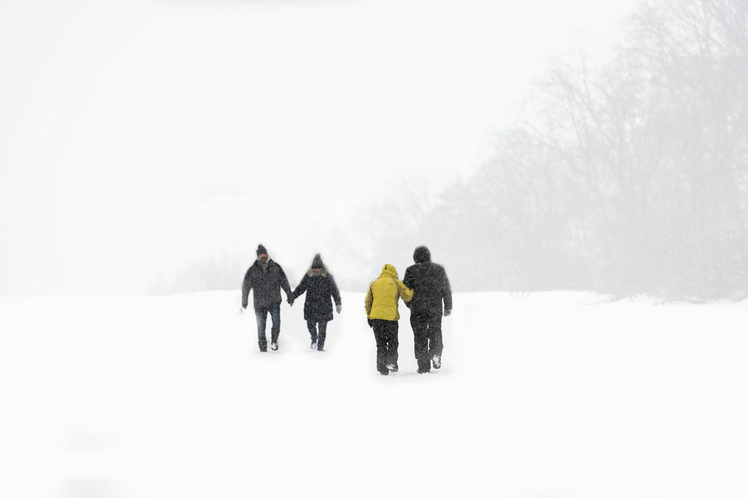A group of people walking through a winter storm, demonstrating resilience and the power of community.