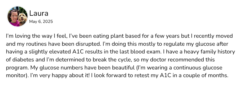 Screenshot of a social media post with a profile picture of a woman and her dog, discussing her health journey.