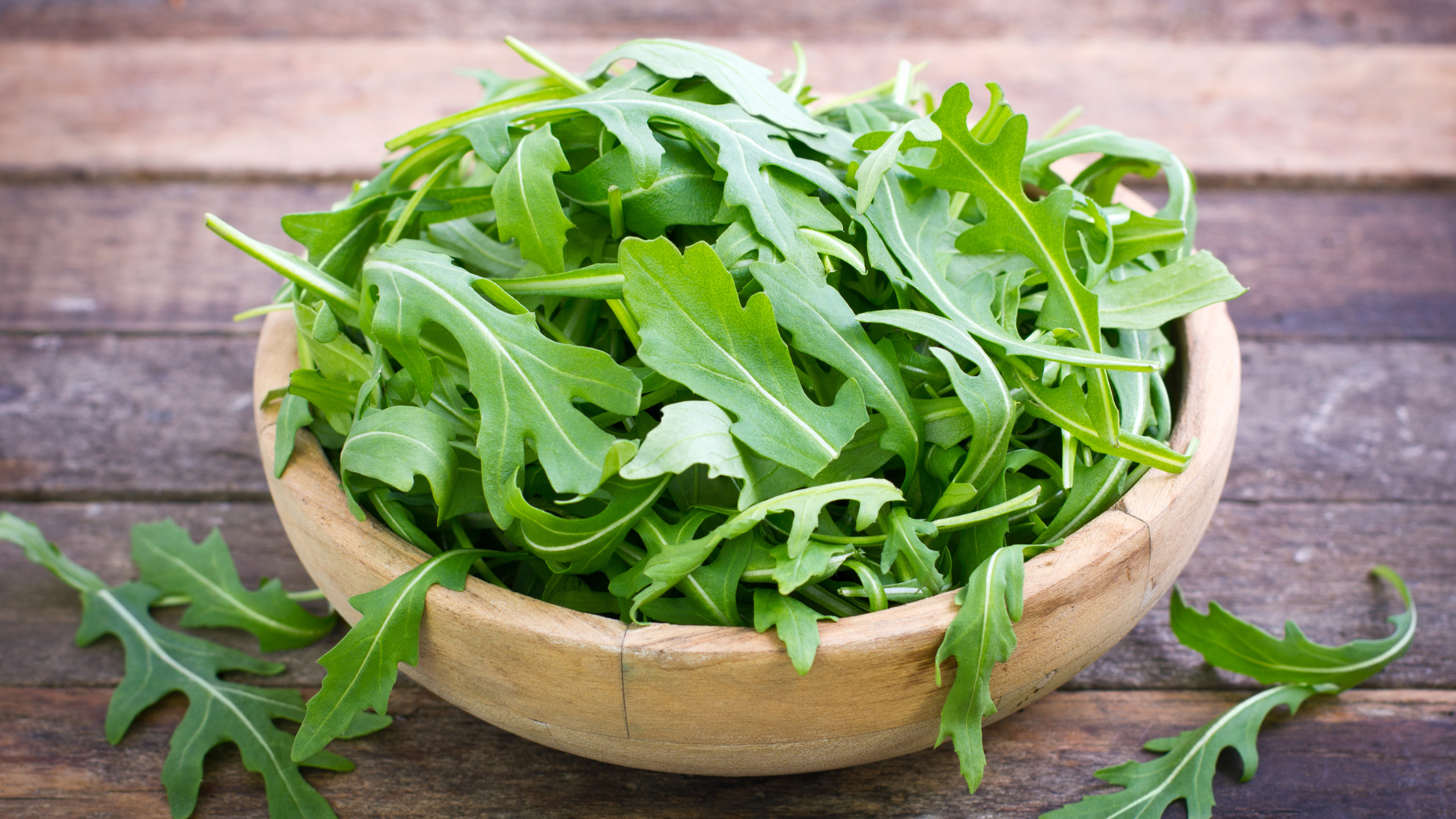 Fresh arugula leaves in a bowl.
