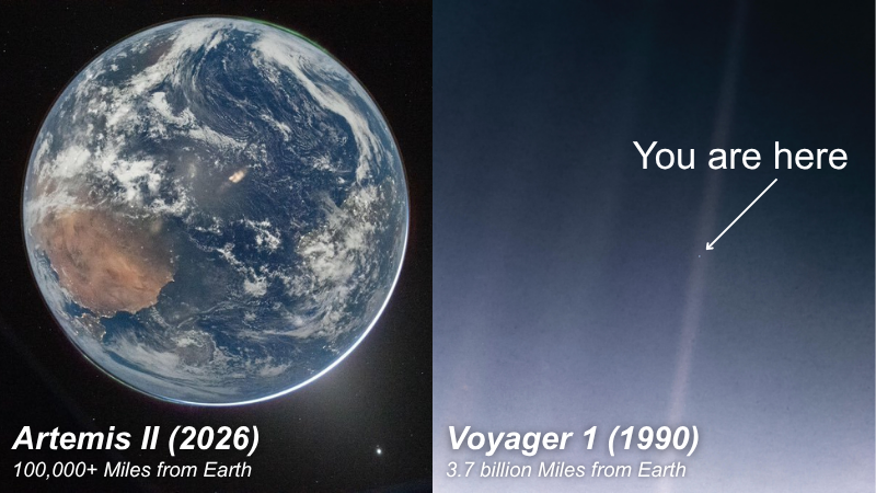 Images of Earth captured during the 2026 Artemis II mission and the 1990 Voyager 1 mission.