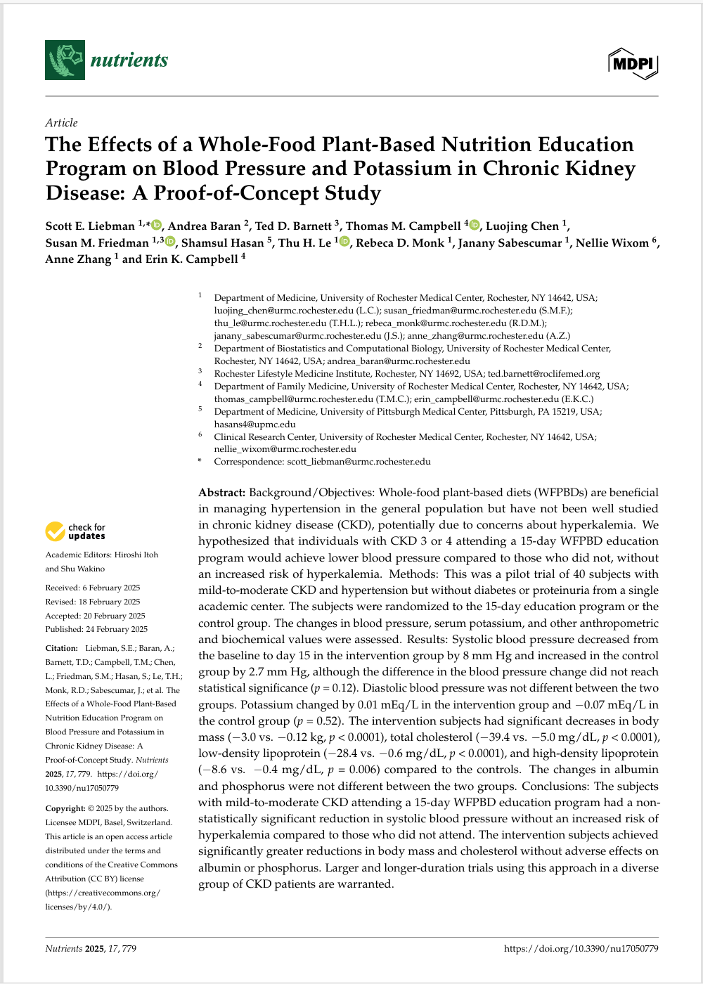 Title of an academic article discussing the effects of a plant-based nutrition education program on blood pressure and potassium levels in chronic kidney disease patients.